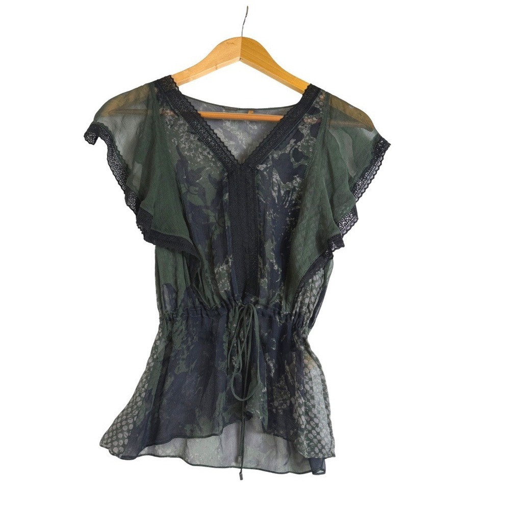 Max Studio Silk Blend Floral Lace Trim Flutter Sleeve Blouse Green Black Small